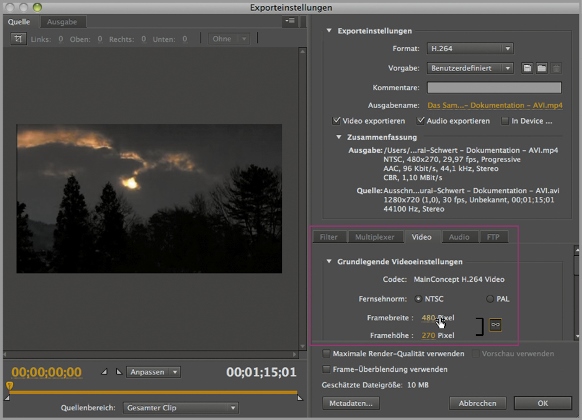 Video → Framebreite → 480 Pixel