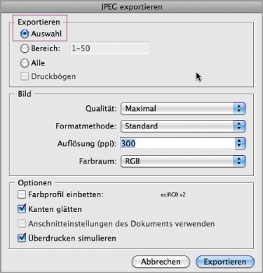 Cover in InDesign CS5: JPEG exportieren