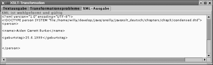 Panel für die XML-Ausgabe