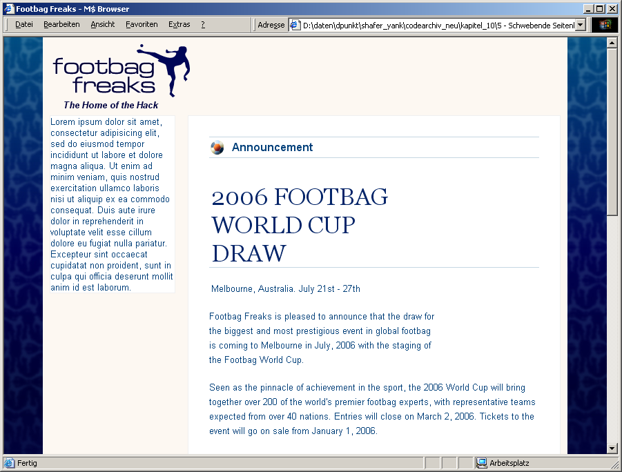 Internet Explorer 6 kann das World-Cup-Logo nicht anzeigen und schiebt Turnierplan unter Seitenleiste