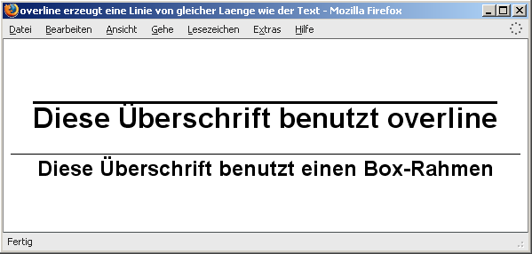 overline erzeugt eine Linie von gleicher Länge wie der Text