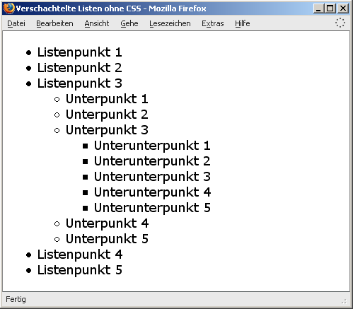 Verschachtelte Aufzählungslisten ohne CSS
