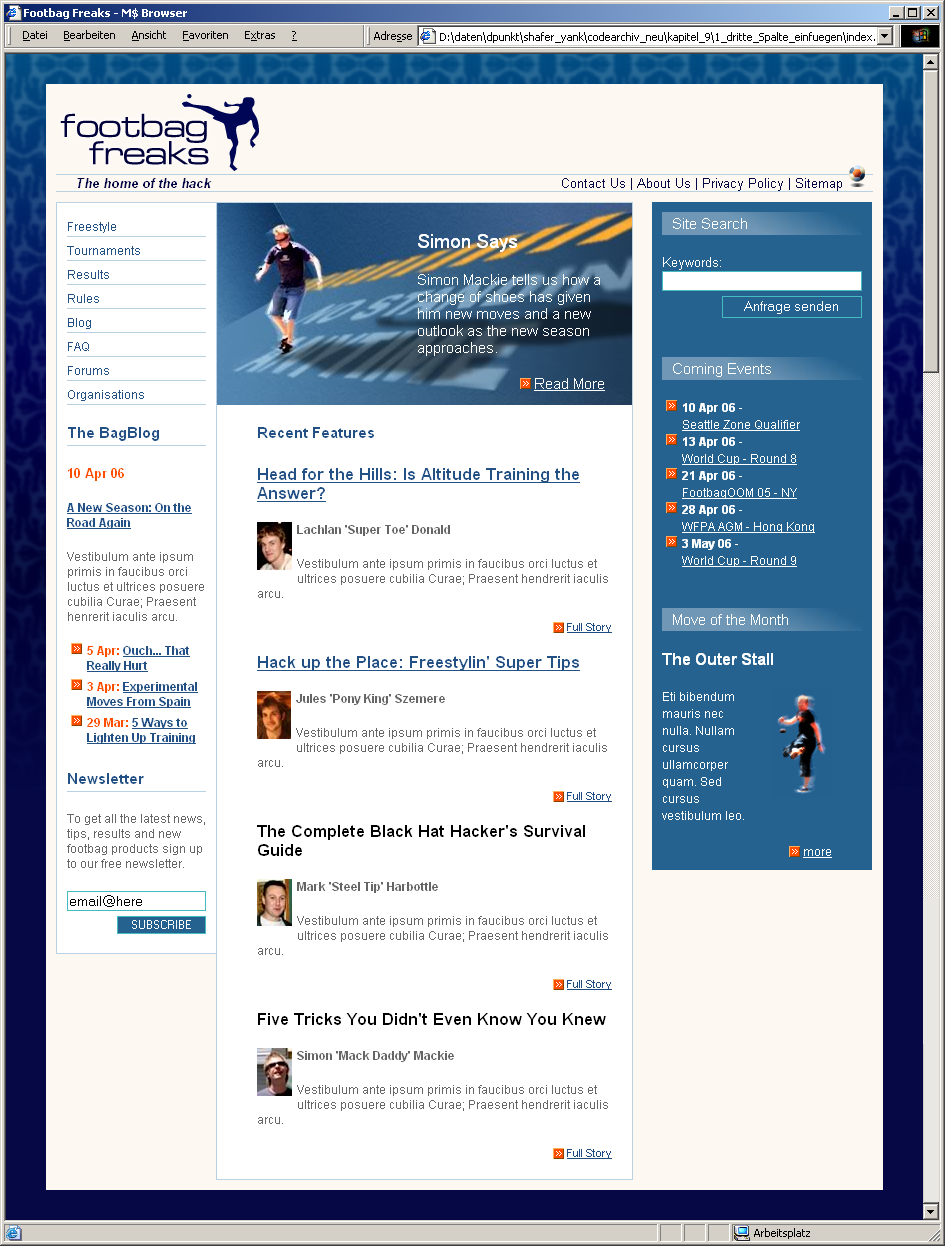 Das fertige dreispaltige Layout im Internet Explorer 6 unter Windwows