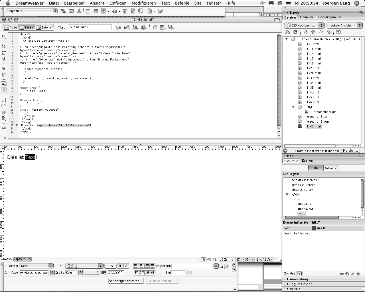 Bei Auswahl von Schrifteigenschaften und Farben erstellt Dreamweaver automatisch Stildefinitionen