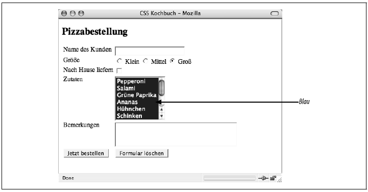 Auswahlliste mit zugewiesenen Stildefinitionen