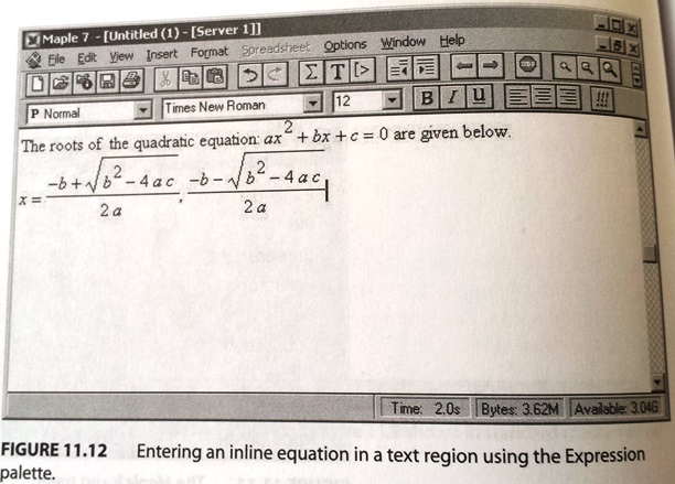 Maple: Entering inline equation in text region using Expression palette