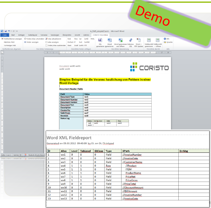 Coristo WordXML-AddIn: Feldreport