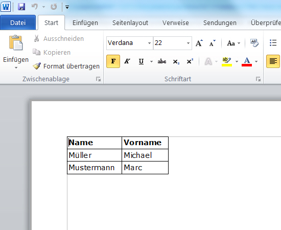 Abbildung einer Namensliste innerhalb einer Word-Datei