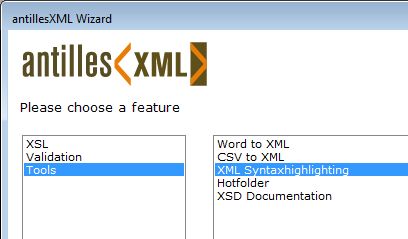 Auswahl der Programmfunktion innerhalb des antillesXML Wizard
